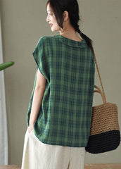 Women Black White Plaid Peter Pan Collar Cotton Shirts Summer GK-STP210715