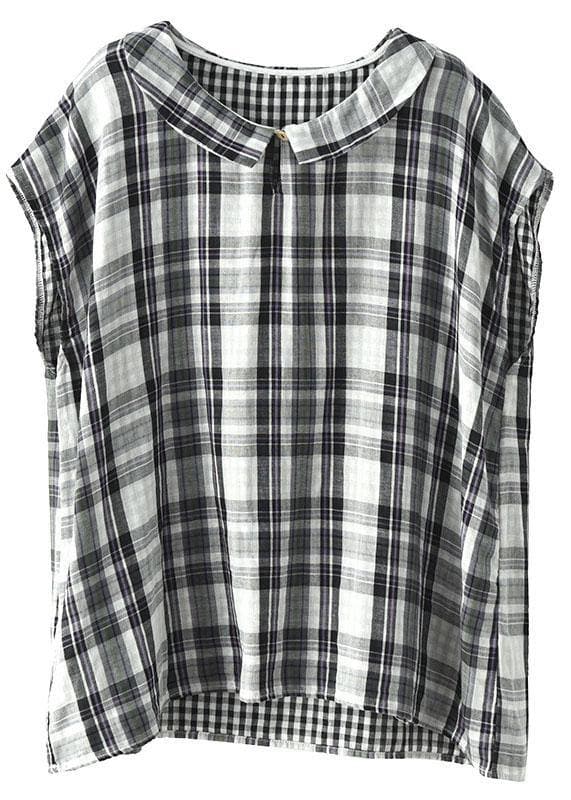 Women Black White Plaid Peter Pan Collar Cotton Shirts Summer GK-STP210715