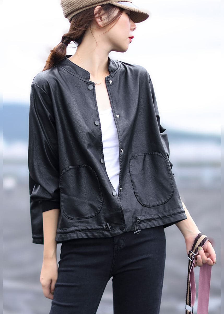 Women Black button drawstring Stand Collar Faux Leather Coats Long Sleeve GK-CTS220221