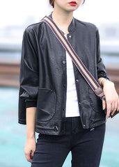 Women Black button drawstring Stand Collar Faux Leather Coats Long Sleeve GK-CTS220221