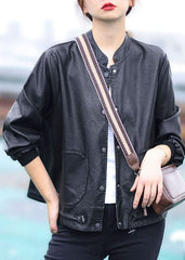 Women Black button drawstring Stand Collar Faux Leather Coats Long Sleeve GK-CTS220221