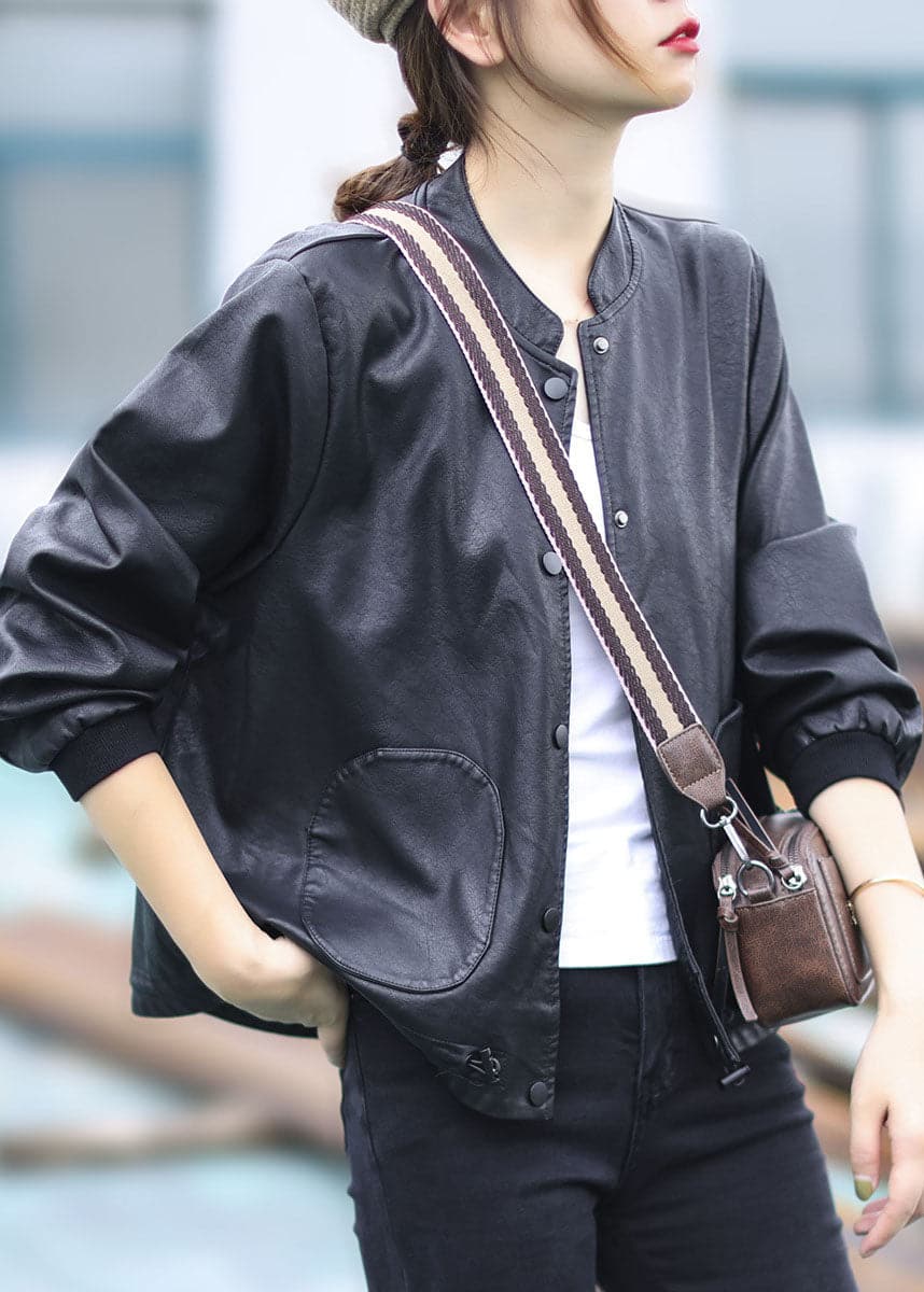 Women Black button drawstring Stand Collar Faux Leather Coats Long Sleeve GK-CTS220221