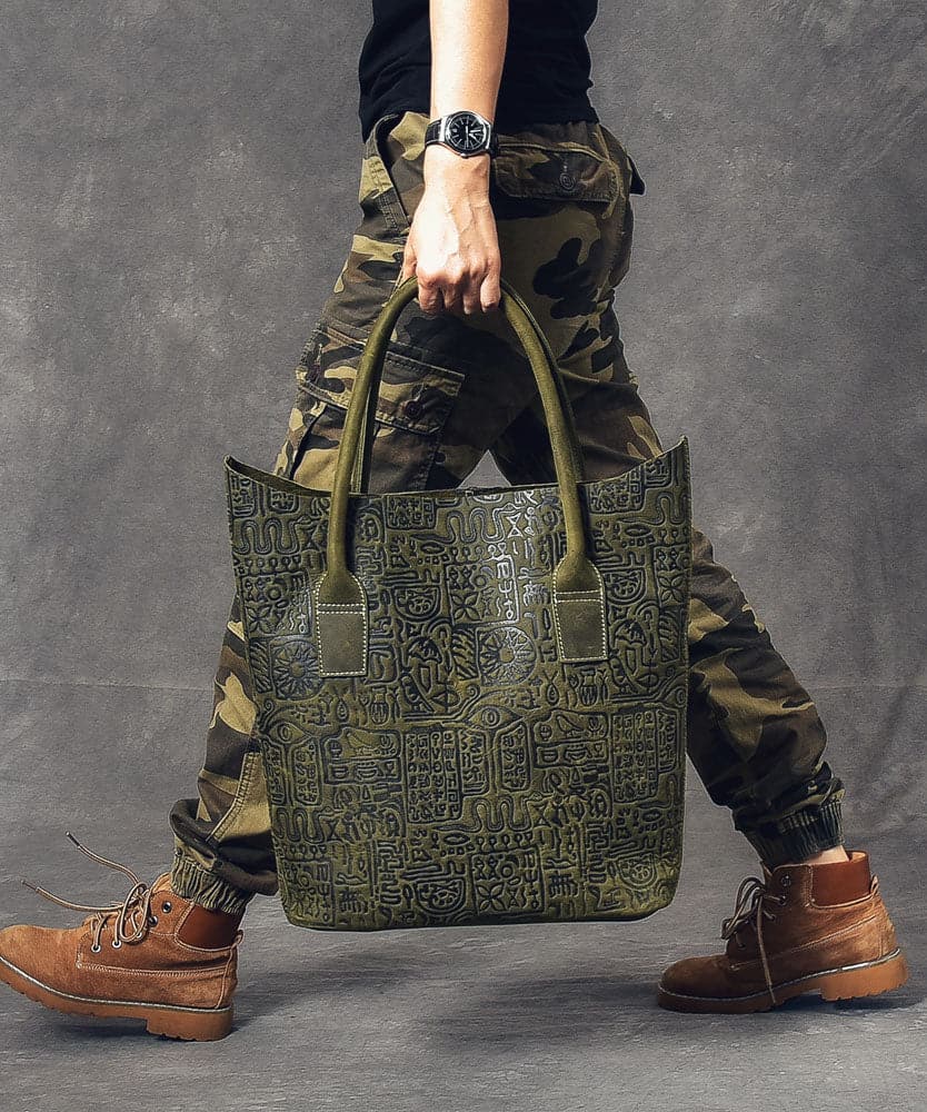 Women Blackish Green Oracle-Bone Inscriptions Embossing Calf Leather Satchel Handbag ZP-BGS220816