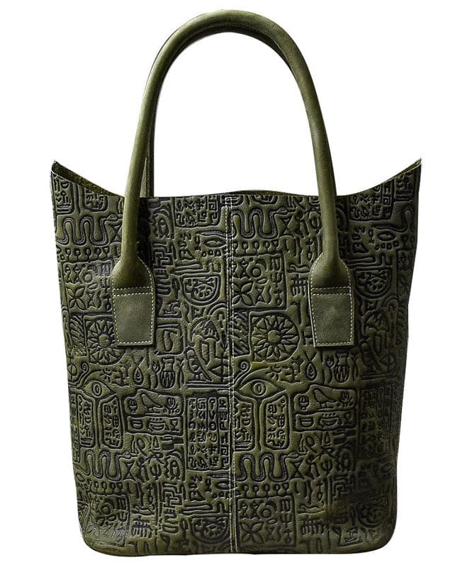 Women Blackish Green Oracle-Bone Inscriptions Embossing Calf Leather Satchel Handbag ZP-BGS220816