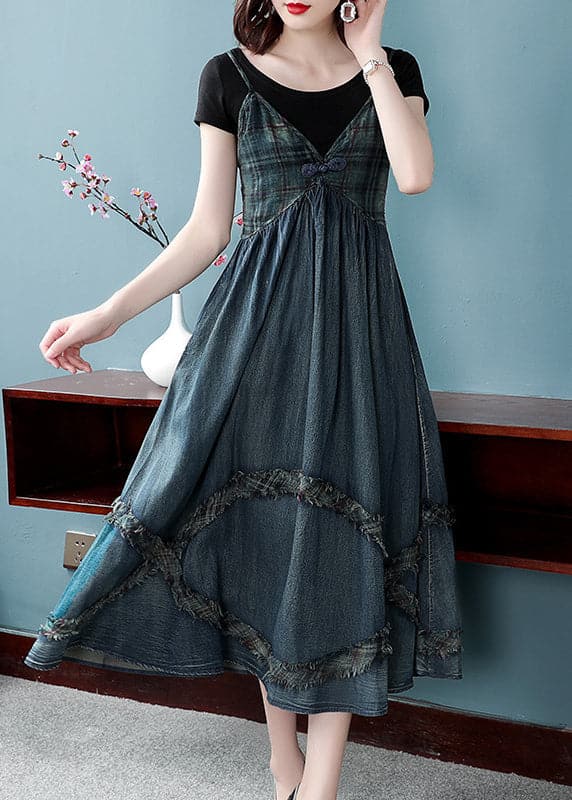 Women Blue Cinched V Neck Patchwork Spaghetti Strap Cotton Denim Dresses Spring NZ-SDL220304