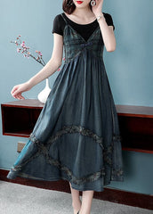 Women Blue Cinched V Neck Patchwork Spaghetti Strap Cotton Denim Dresses Spring NZ-SDL220304