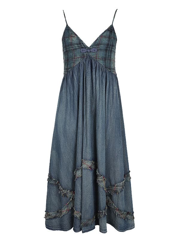 Women Blue Cinched V Neck Patchwork Spaghetti Strap Cotton Denim Dresses Spring NZ-SDL220304