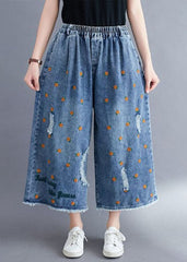 Women Blue Daisy Embroideried Pockets Cotton Denim Straight Pants Summer NZ-CPTS220627