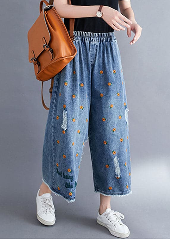 Women Blue Daisy Embroideried Pockets Cotton Denim Straight Pants Summer NZ-CPTS220627