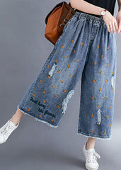 Women Blue Daisy Embroideried Pockets Cotton Denim Straight Pants Summer NZ-CPTS220627