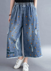 Women Blue Daisy Embroideried Pockets Cotton Denim Straight Pants Summer NZ-CPTS220627