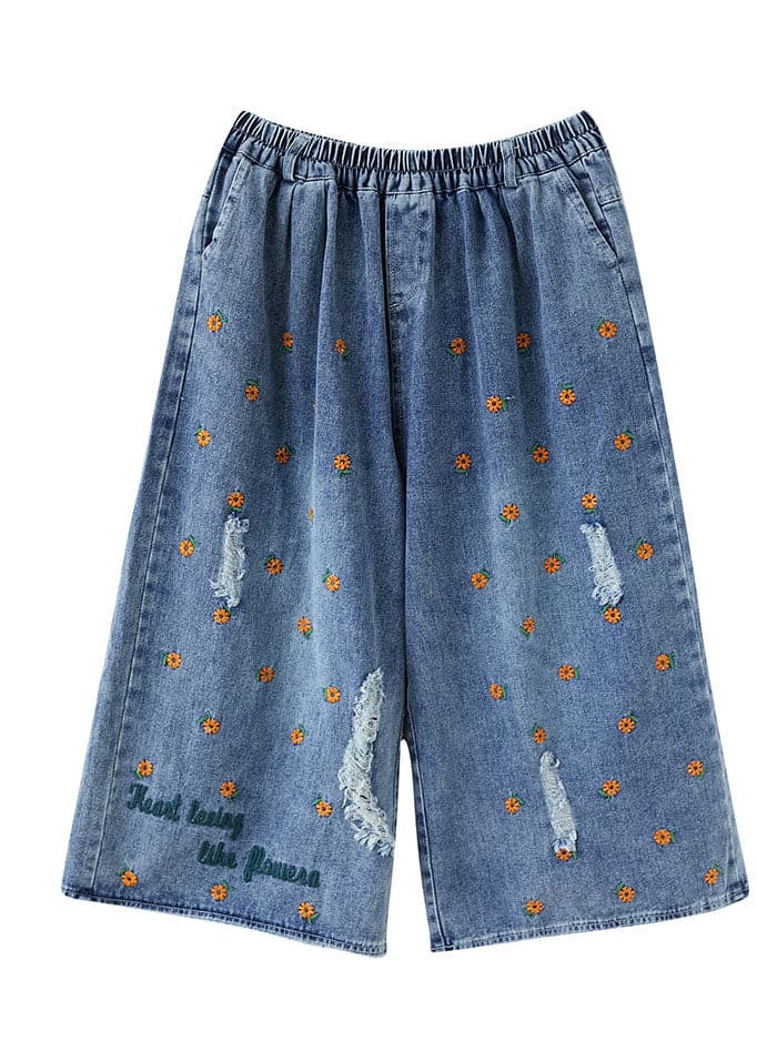 Women Blue Daisy Embroideried Pockets Cotton Denim Straight Pants Summer NZ-CPTS220627