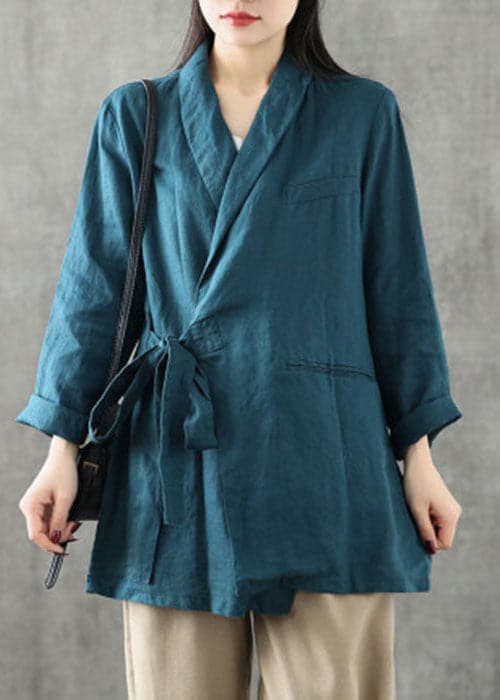 Women Blue Green Peter Pan Collar Tie Waist Linen Coats Long Sleeve GK-CTS220815