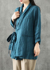 Women Blue Green Peter Pan Collar Tie Waist Linen Coats Long Sleeve GK-CTS220815