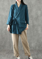 Women Blue Green Peter Pan Collar Tie Waist Linen Coats Long Sleeve GK-CTS220815