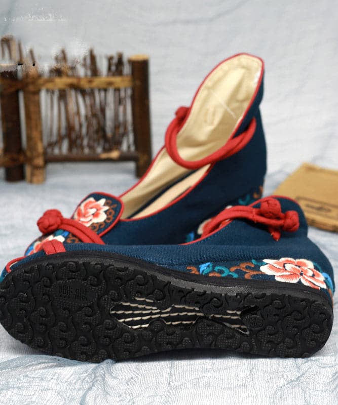 Women Blue High Wedge Heels Shoes Wedge Embroideried Comfy Cotton Fabric Buckle Strap High Wedge Heels Shoes BX-PG220407