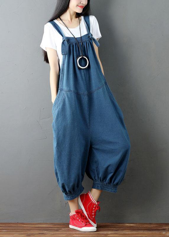 Women Blue Pockets Button Fall Casual Cotton Romper dylinoshop