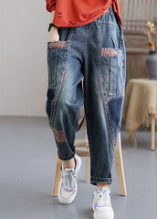 Women Blue Pockets Patchwork Casual Fall Denim Pants GK-LPTS210910