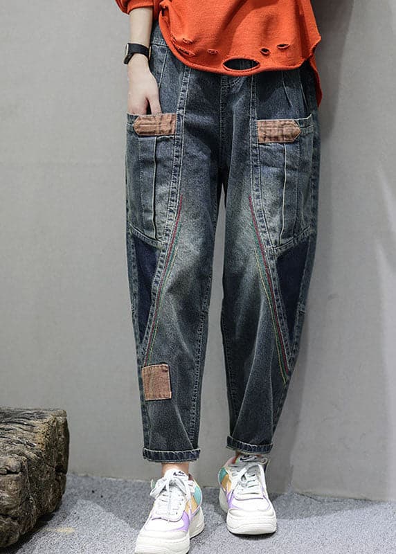 Women Blue Pockets Patchwork Casual Fall Denim Pants GK-LPTS210910