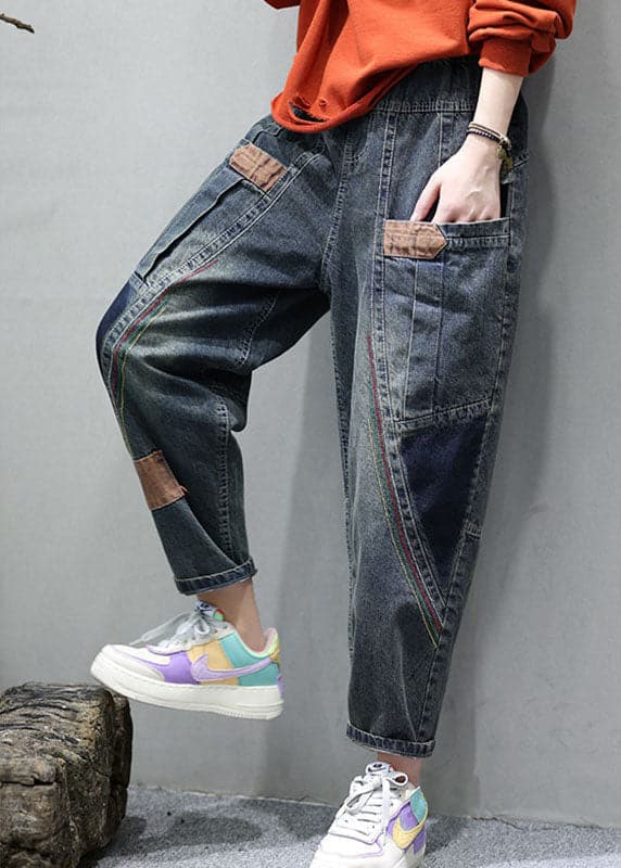 Women Blue Pockets Patchwork Casual Fall Denim Pants GK-LPTS210910