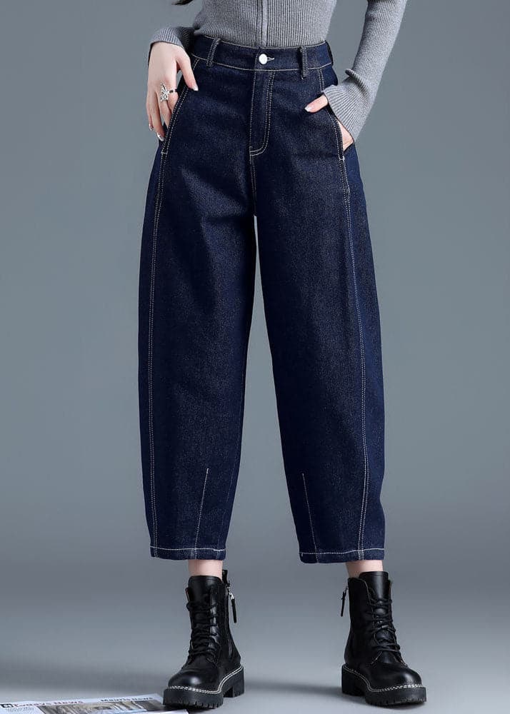 Women Blue Solid High Waist Pockets Cotton Denim Harem Pants Summer nz-CPTS220526