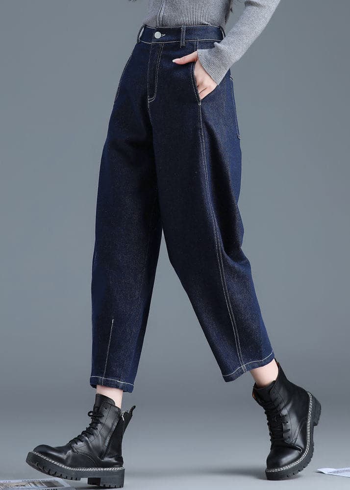 Women Blue Solid High Waist Pockets Cotton Denim Harem Pants Summer nz-CPTS220526