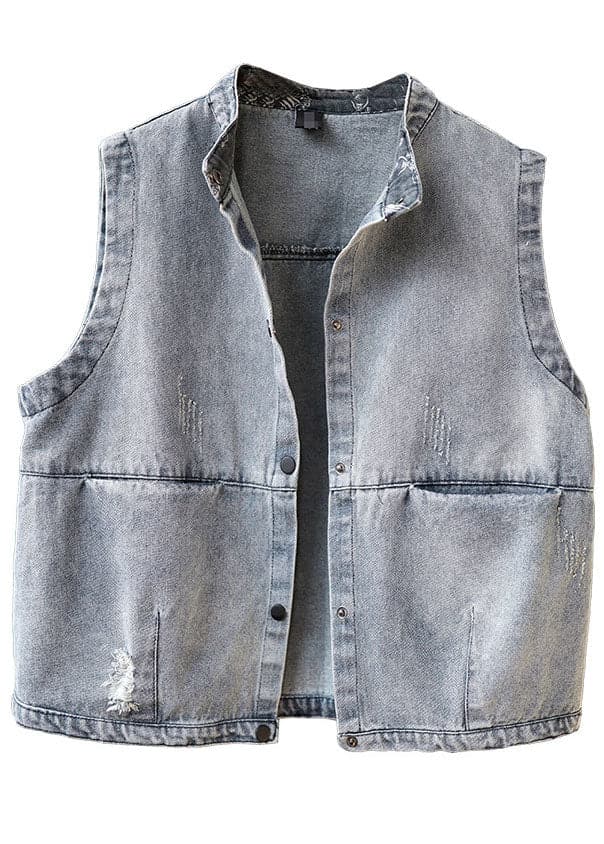 Women Blue Stand Collar Button Pockets Fall Denim Sleeveless Waistcoat GK-VTP210910