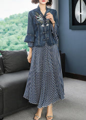 Women Blue Stand Collar Embroideried Patchwork Cotton Denim Coats Dot print Chiffon skirt Two Pieces Set flare sleeve NZ-CTS220304