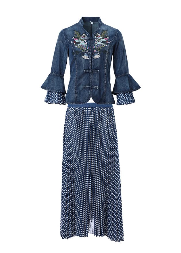 Women Blue Stand Collar Embroideried Patchwork Cotton Denim Coats Dot print Chiffon skirt Two Pieces Set flare sleeve NZ-CTS220304