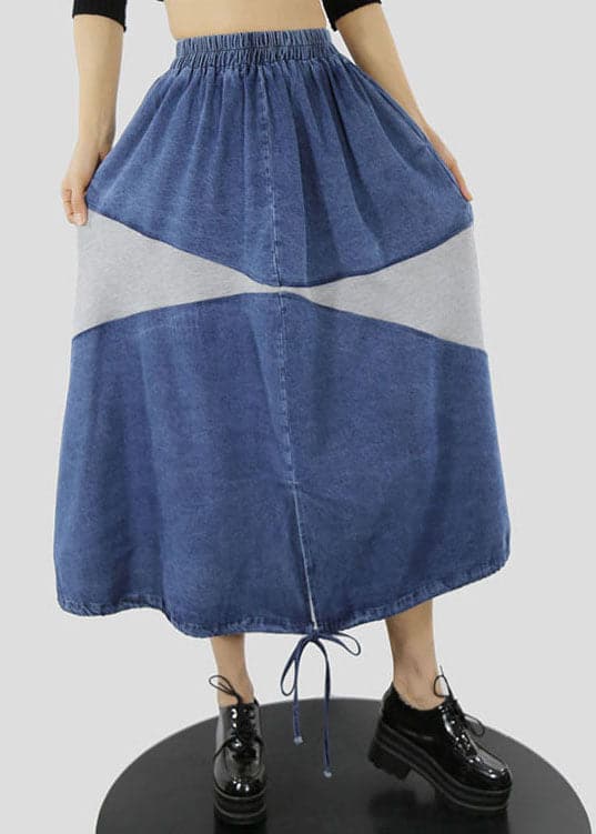 Women Blue white elastic waist drawstring Patchwork denim Skirt Spring ZM-SKTS220216