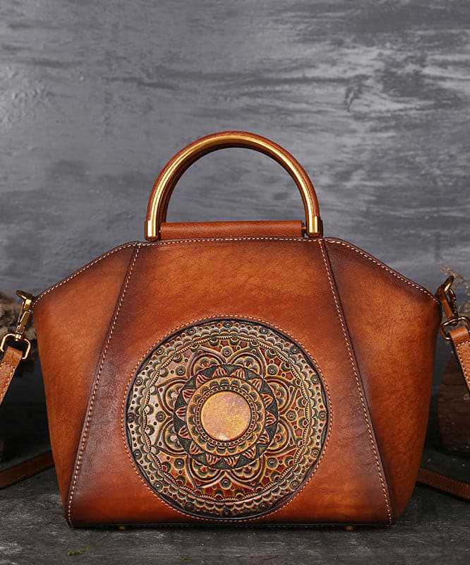 Women Brown The Sunflowers Embossing Calf Leather Tote Handbag ZP-BGS220816