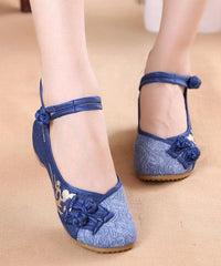 Women Buckle Strap Wedge High Wedge Heels Shoes Blue Oriental Cotton Fabric XZ-PDX210728