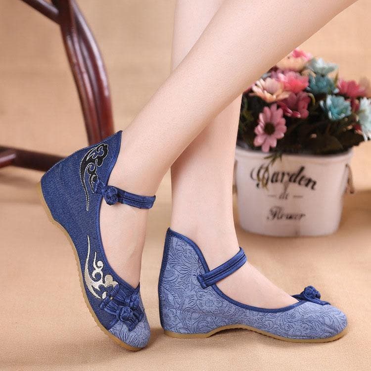 Women Buckle Strap Wedge High Wedge Heels Shoes Blue Oriental Cotton Fabric XZ-PDX210728