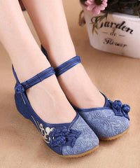 Women Buckle Strap Wedge High Wedge Heels Shoes Blue Oriental Cotton Fabric XZ-PDX210728