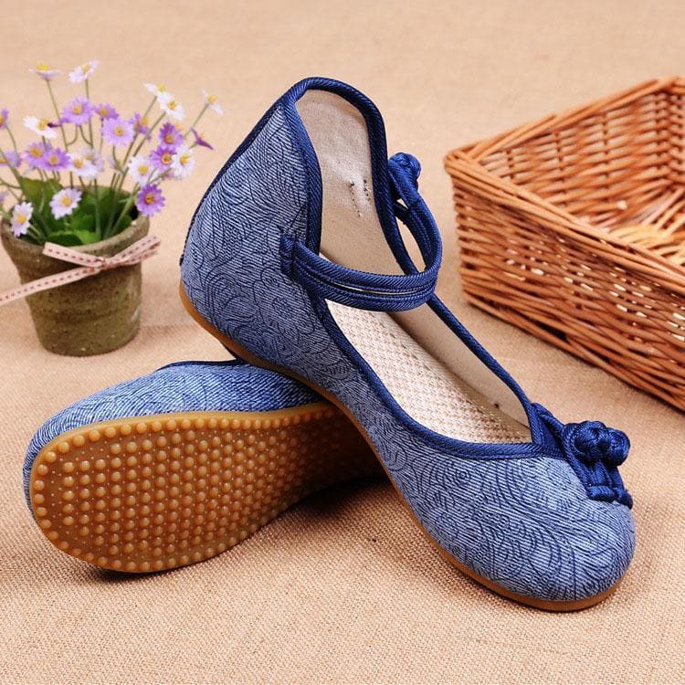 Women Buckle Strap Wedge High Wedge Heels Shoes Blue Oriental Cotton Fabric XZ-PDX210728