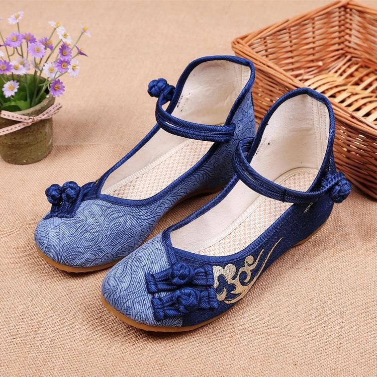 Women Buckle Strap Wedge High Wedge Heels Shoes Blue Oriental Cotton Fabric XZ-PDX210728