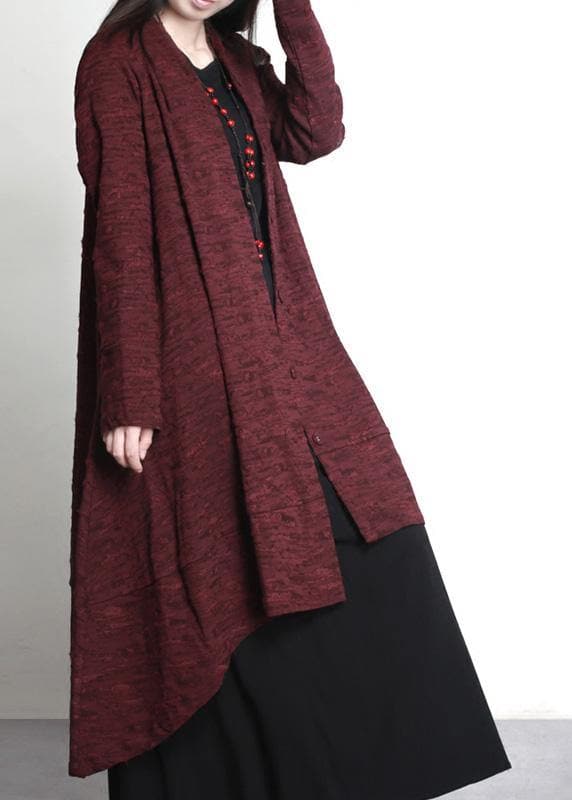 Women Burgundy Jacquard Plus Size Clothes Large Hem Outwear TCT210220