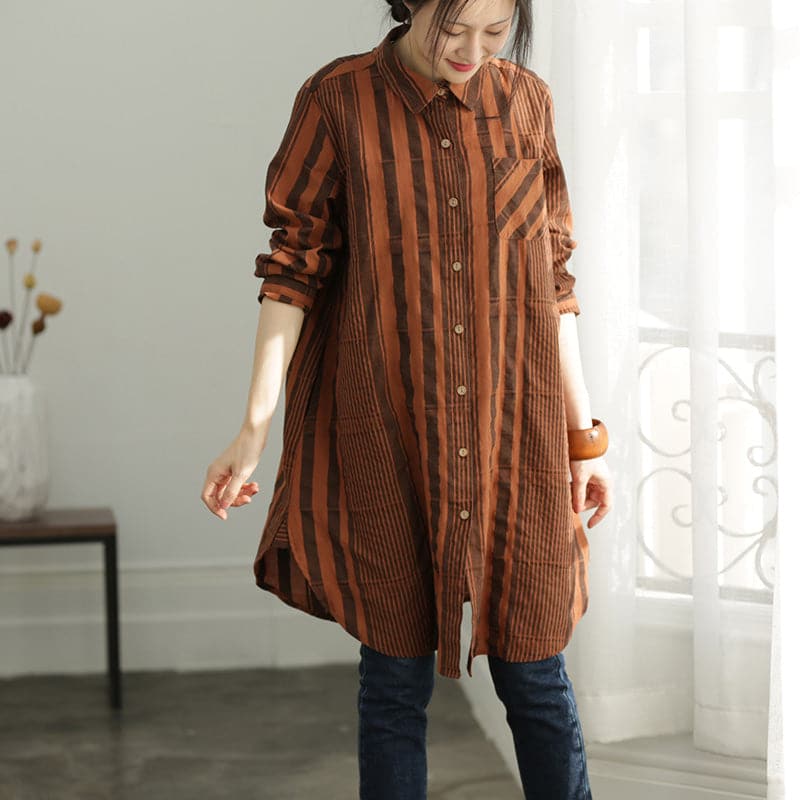 Women Button Down cotton Long Shirts boutique Outfits brown striped Plus Size Clothing shirts LTP190129