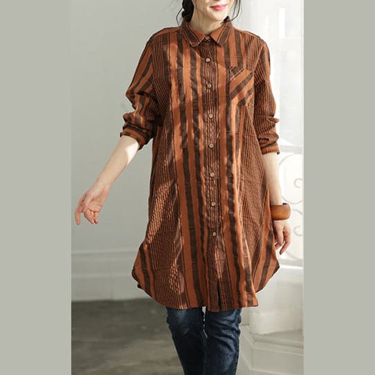 Women Button Down cotton Long Shirts boutique Outfits brown striped Plus Size Clothing shirts LTP190129