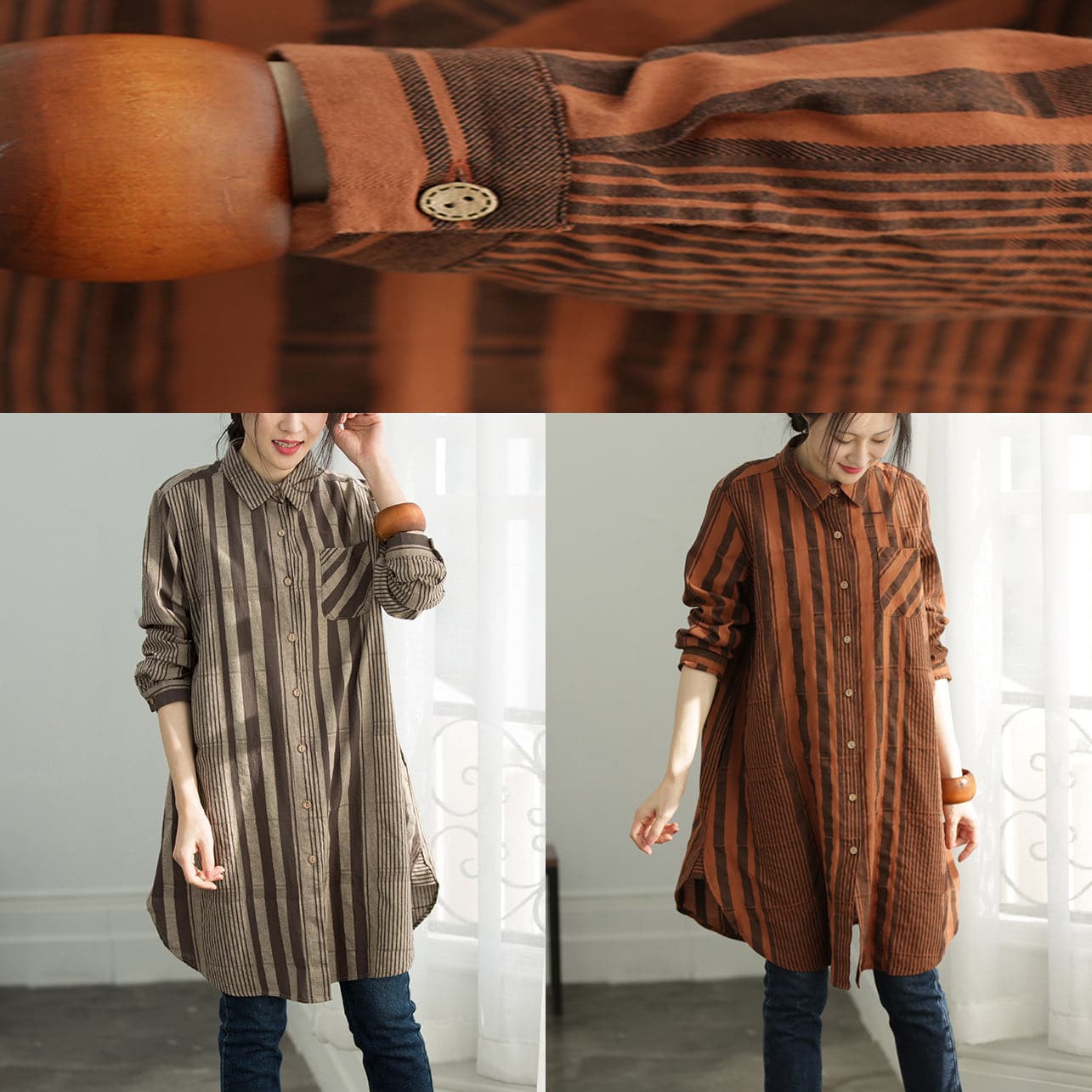 Women Button Down cotton Long Shirts boutique Outfits brown striped Plus Size Clothing shirts LTP190129