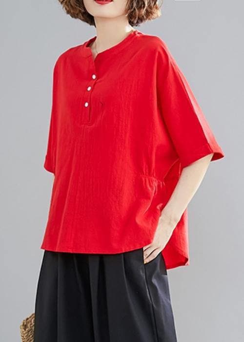 Women Button Down elastic waist linen shirts women red Art blouses HTP200325