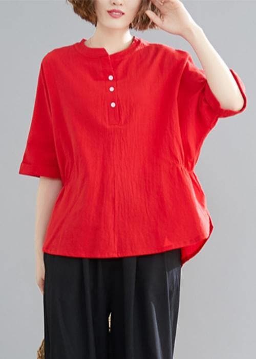 Women Button Down elastic waist linen shirts women red Art blouses HTP200325