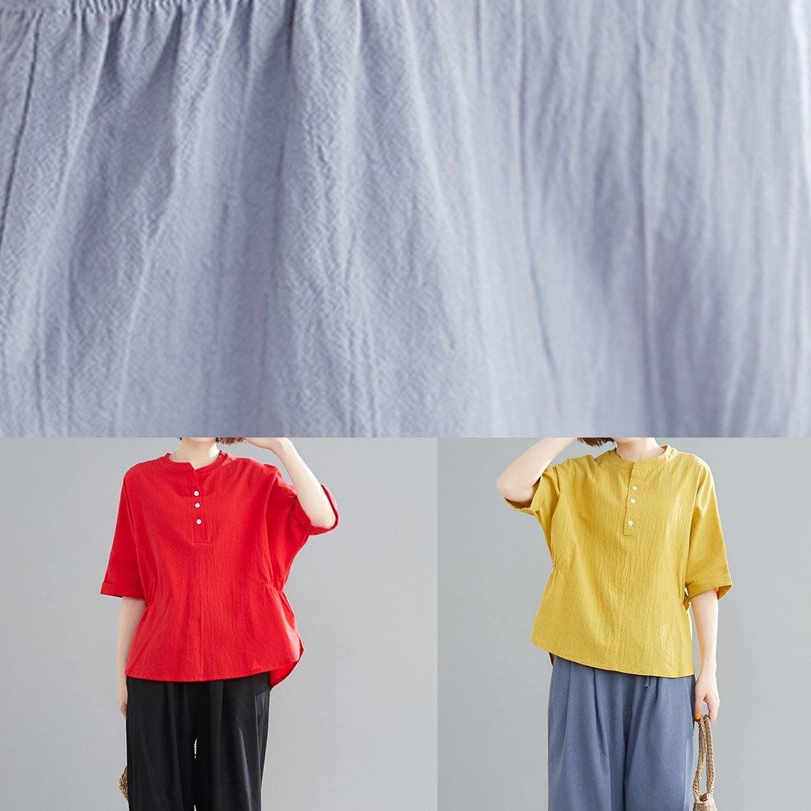 Women Button Down elastic waist linen shirts women red Art blouses HTP200325