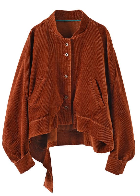 Women Caramel Pockets Button asymmetrical design Fall Corduroy Coat GK-CTS211015