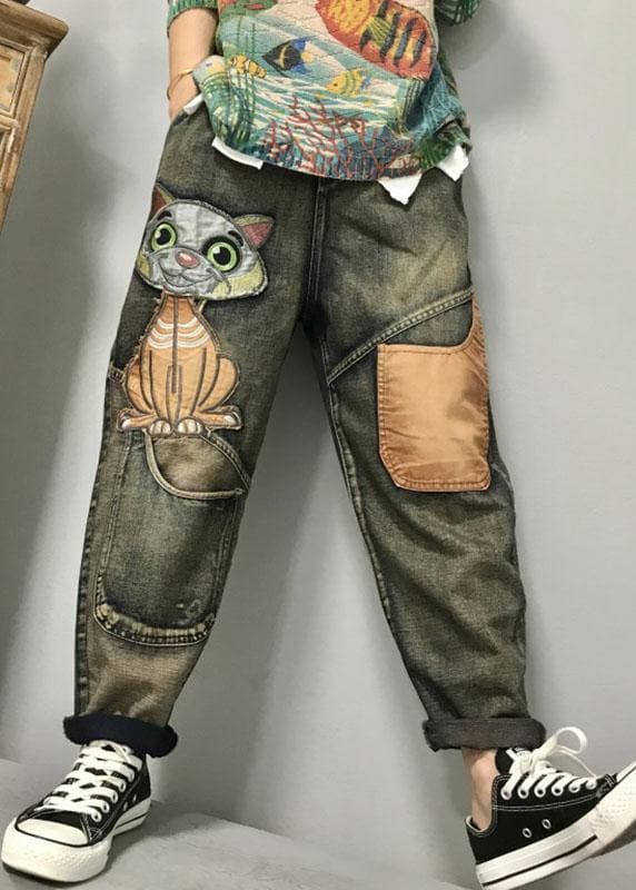 Women Cat Embroidery Patchwork Mid Waist Loose Denim Harem Jeans BG-LPTS210831