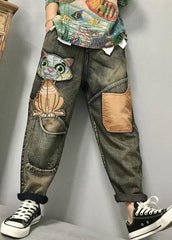 Women Cat Embroidery Patchwork Mid Waist Loose Denim Harem Jeans BG-LPTS210831