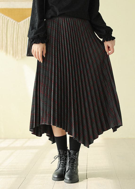 Women Chocolate Elastic Waist Asymmetrical Design Plaid Cotton Skirt Fall GK-SKTS220815