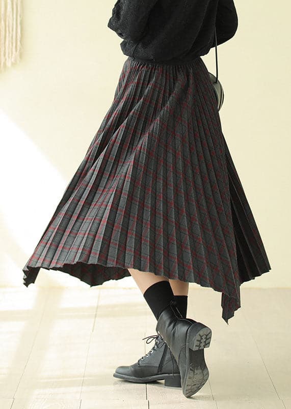 Women Chocolate Elastic Waist Asymmetrical Design Plaid Cotton Skirt Fall GK-SKTS220815