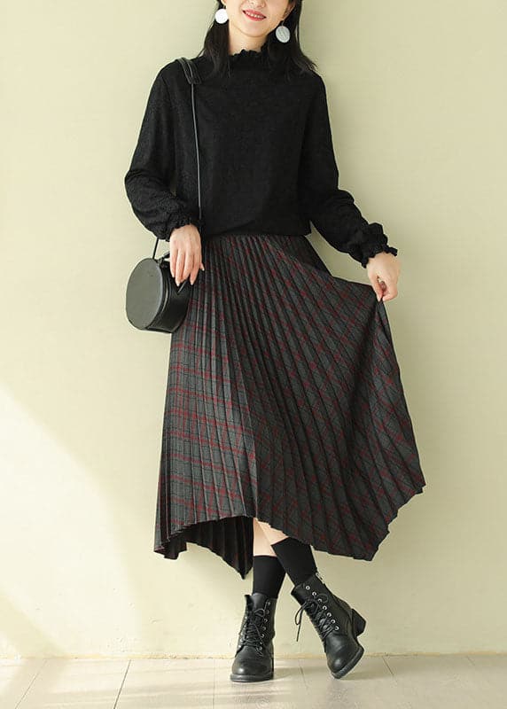 Women Chocolate Elastic Waist Asymmetrical Design Plaid Cotton Skirt Fall GK-SKTS220815