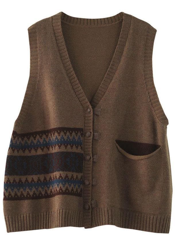 Women Chocolate V Neck Button Fall Pockets Sleeveless Waistcoat GK-VTP210819